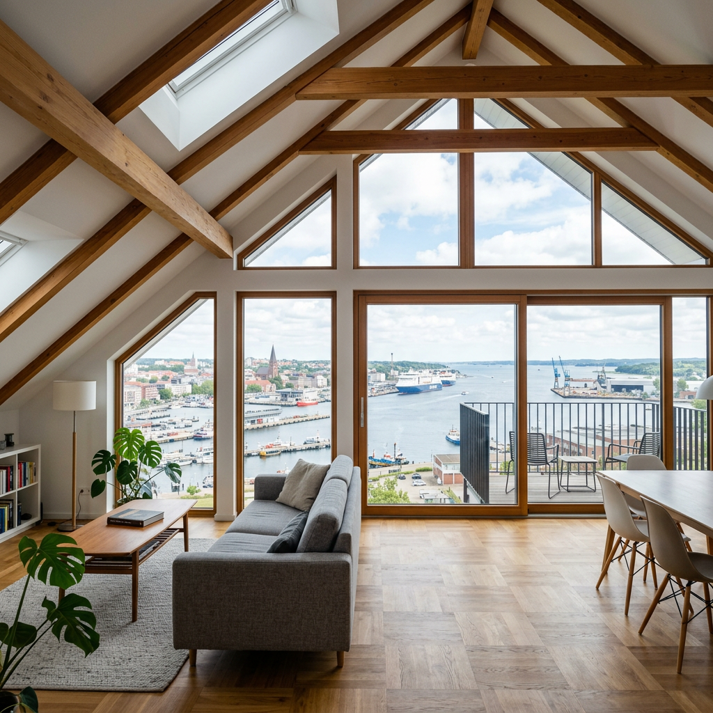 Attic living room with large windows overlooking harbor and cityscape