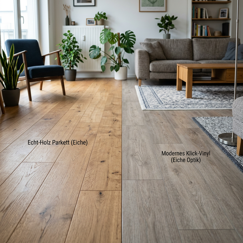 Left side oak hardwood parquet flooring, right side modern click vinyl flooring with oak appearance in living room