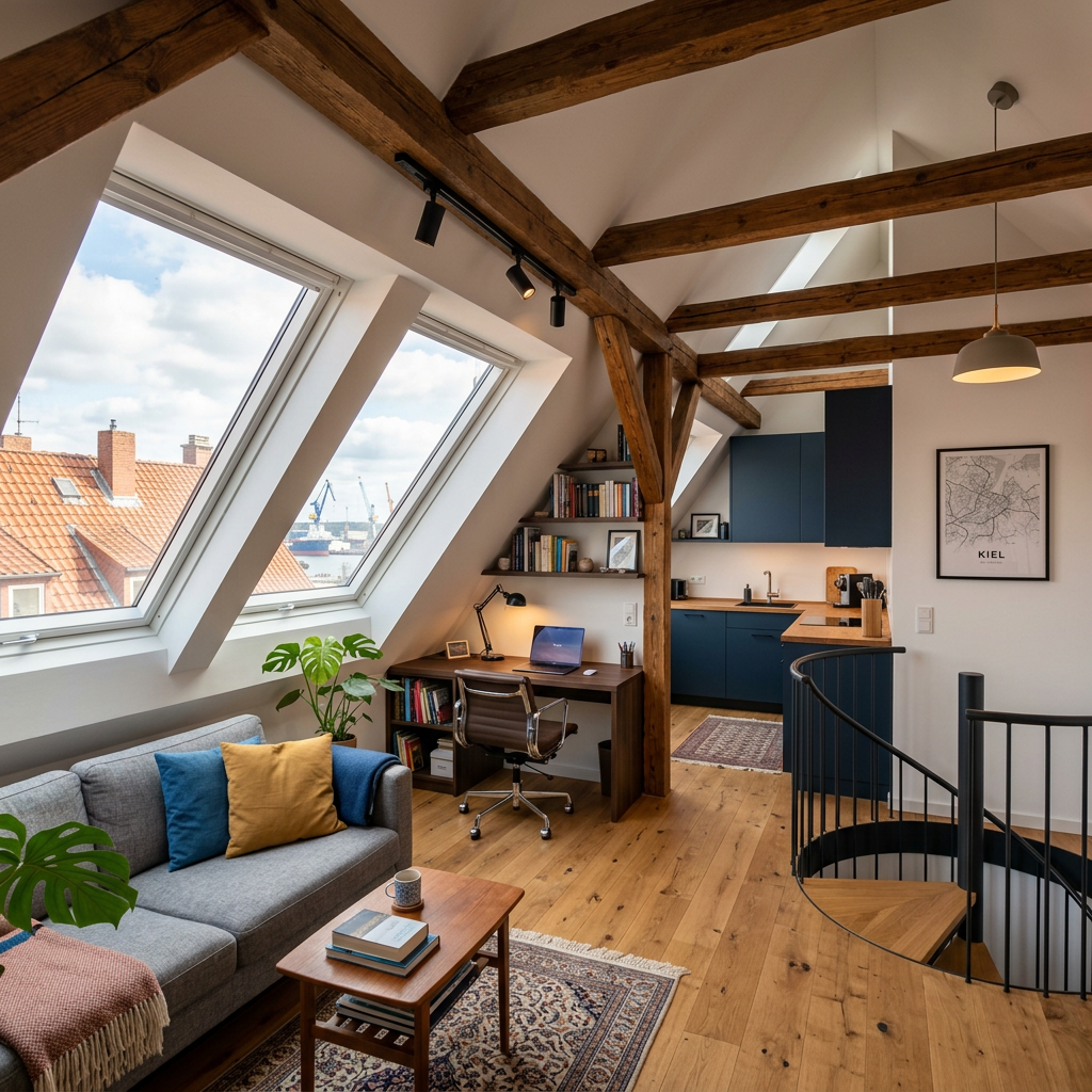 Attic apartment with large slanted windows, exposed wooden beams, gray sofa, wooden desk, and blue kitchen cabinets